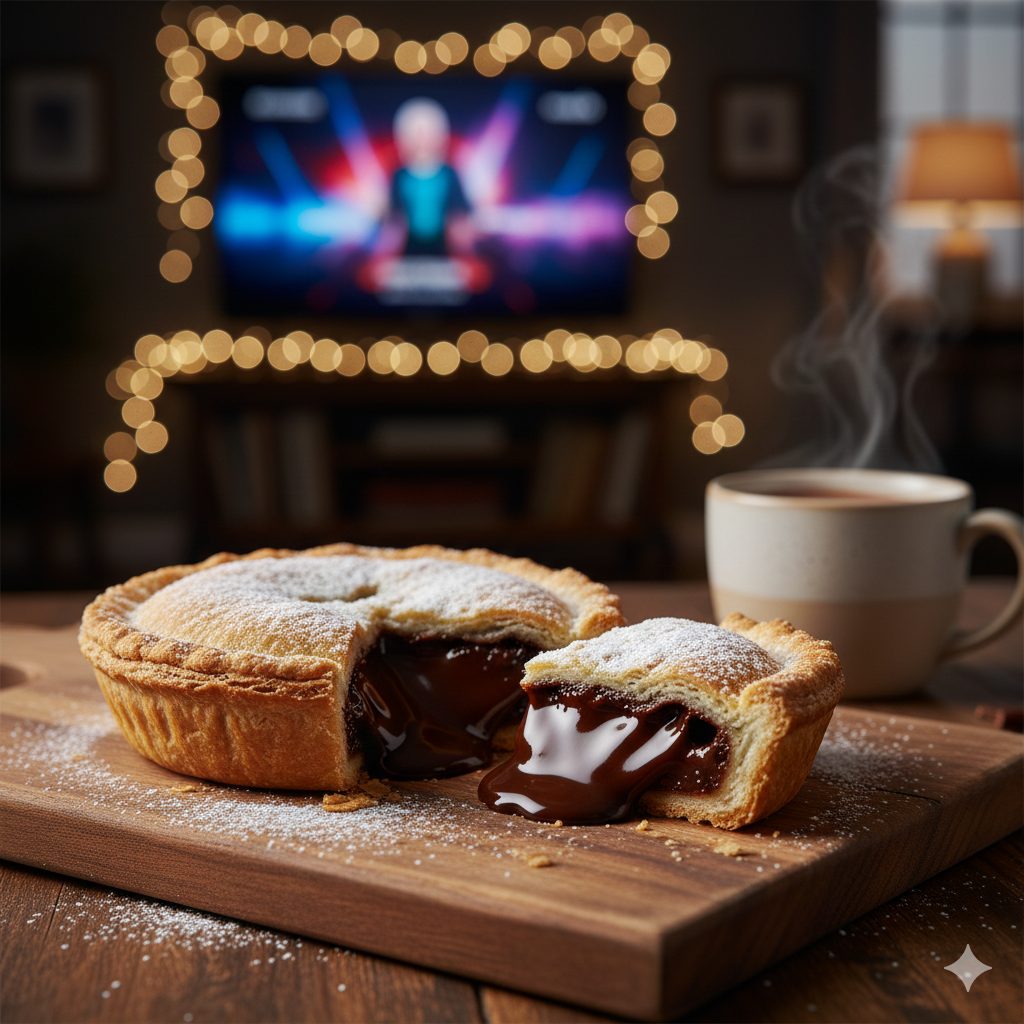 A close-up shot of a small, golden-brown chocolate pie on a rustic wooden board, with a rich, dark chocolate ganache slightly oozing from the inside. The pie has a beautiful flaky crust, dusted lightly with powdered sugar. In the background, out of focus, there's a cozy living room setting with soft warm lights, a blurred television screen playing a festive music show, and a steaming mug of hot cocoa. The overall mood is warm, comforting, and indulgent, perfect for a late-night treat. Emphasize the texture of the flaky pastry and the glossy, decadent ganache. Studio lighting, shallow depth of field, high-resolution.
