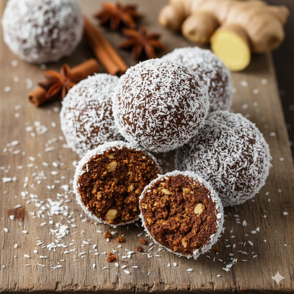 A close-up, top-down shot of several round, energy balls, coated in white shredded coconut. The energy balls are placed on a rustic wooden board, with a few loose coconut flakes scattered around. In the background, subtly out of focus, are whole cinnamon sticks, star anise, and a small pile of fresh ginger root, hinting at the chai spices. The lighting is soft and warm, casting gentle shadows, making the texture of the coconut and the rich, dark brown interior of a slightly broken energy ball visible. The style is natural and inviting, with a sense of homemade comfort and wellness. Focus on vibrant colors and inviting textures. Soft depth of field. Professional food photography.
