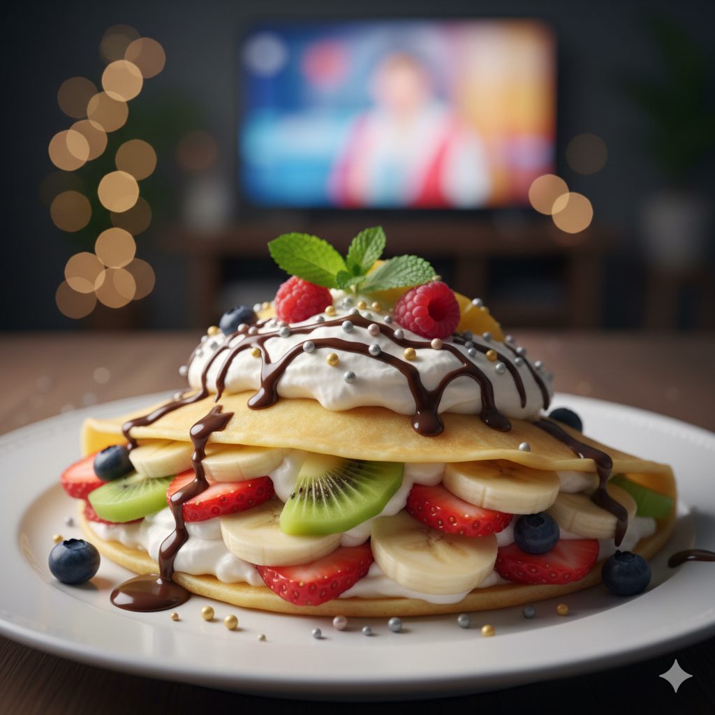 A beautifully arranged, vibrant fruit crepe on a white plate, with a homemade, slightly golden crepe wrapped around generous dollops of whipped cream, sliced strawberries, kiwi, banana, and a scattering of blueberries and raspberries. Drizzled with chocolate sauce and sparkling silver and gold sprinkles (arazan). A few fresh mint leaves are tucked in for garnish. The background is softly blurred, suggesting a cozy home setting with subtle festive lighting, like watching a music show on TV. The overall feeling is warm, joyful, and delicious, capturing the essence of a 'FNS live at home' experience.