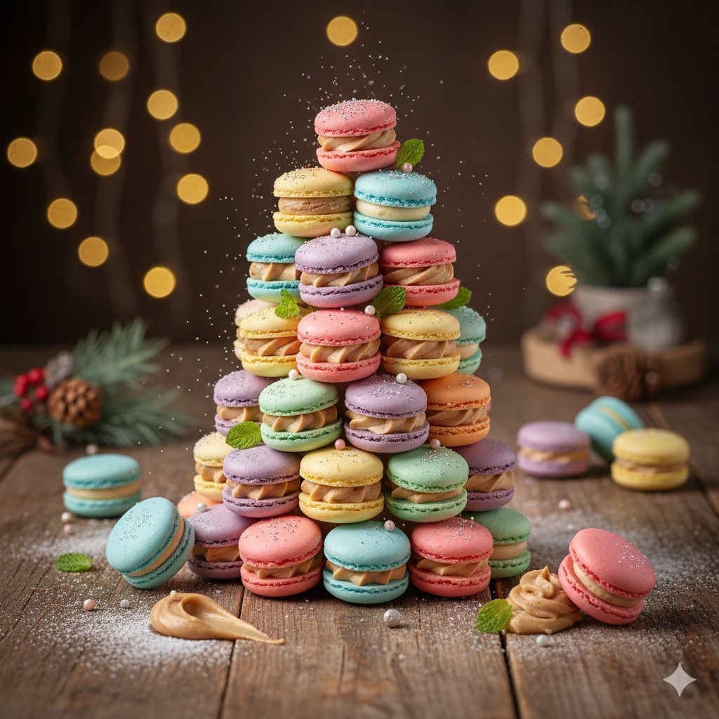 A vibrant and artistic photograph of a "Oshiiro Macaron Cannelle Tree" on a rustic wooden table. The tree is made of various pastel-colored macarons (pink, blue, yellow, green, purple, orange) filled with creamy cannelle cream, stacked elegantly in a conical shape. Each macaron is perfectly formed with a delicate 'pied' (foot). The tree is adorned with sparkling silver and gold edible glitters, small colorful sugar pearls, and fresh mint leaves. Soft, warm light illuminates the scene, creating a magical, dreamy atmosphere. There are a few stray macarons and a small dollop of cream on the table, hinting at the joy of creation. The background is softly blurred with a hint of winter warmth and elegance. Highly detailed, high resolution, soft focus, depth of field.